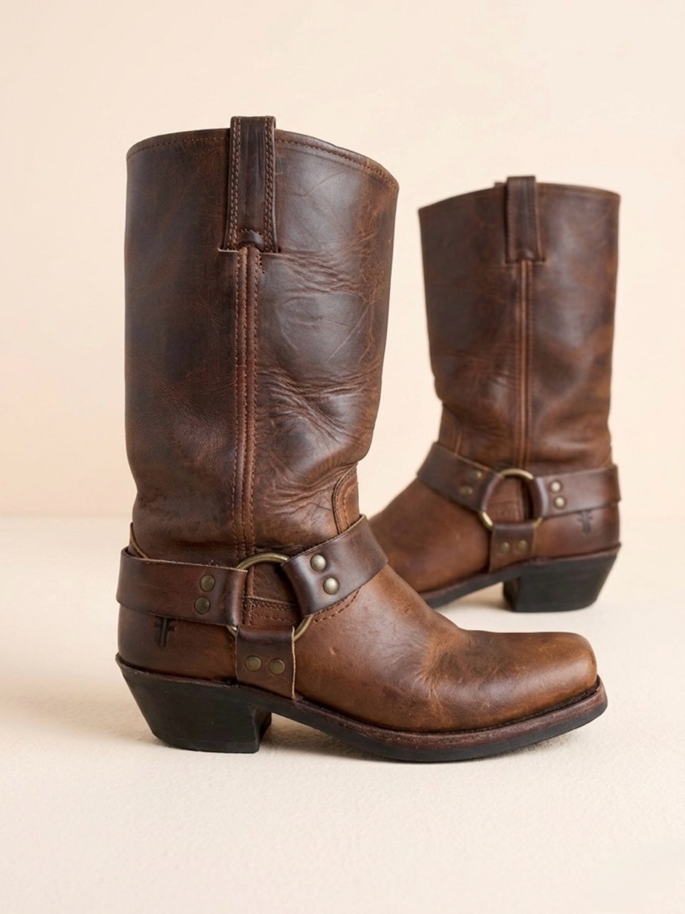 FRYE Harness 12R Leather Boots Dark Brown Square Toe Moto Biker Western Size 6.5